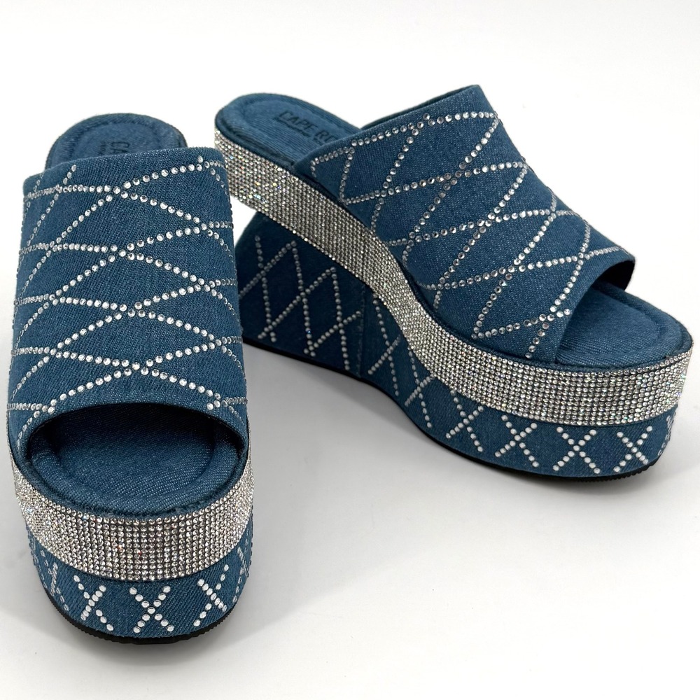 Cape Robbin Rhinestone Denim Jean Platform Wedge Slides Size 7 Y2K Bling